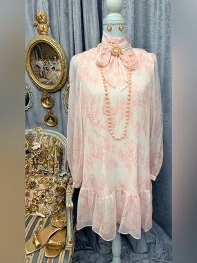 Sheer Pink Floral Ruffle Dress with Jewelry